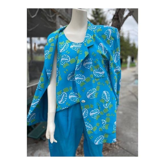Alfred Sung Vintage 90s 100% Silk 3 Piece Dress Suit Turquoise Green Abstract - Picture 1 of 16